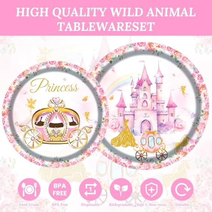PRINCESS PARTY SUPPLIES FOR GIRLS, CASTLE BIRTHDAY DECORATIONS TABLEWARE SET WITH PLATES, NAPKINS, CUPS, CUTLERY, TABLECLOTH, BANNER FOR BABY SHOWER PRINCESS BIRTHDAY PARTY DECORATIONS - Image 3